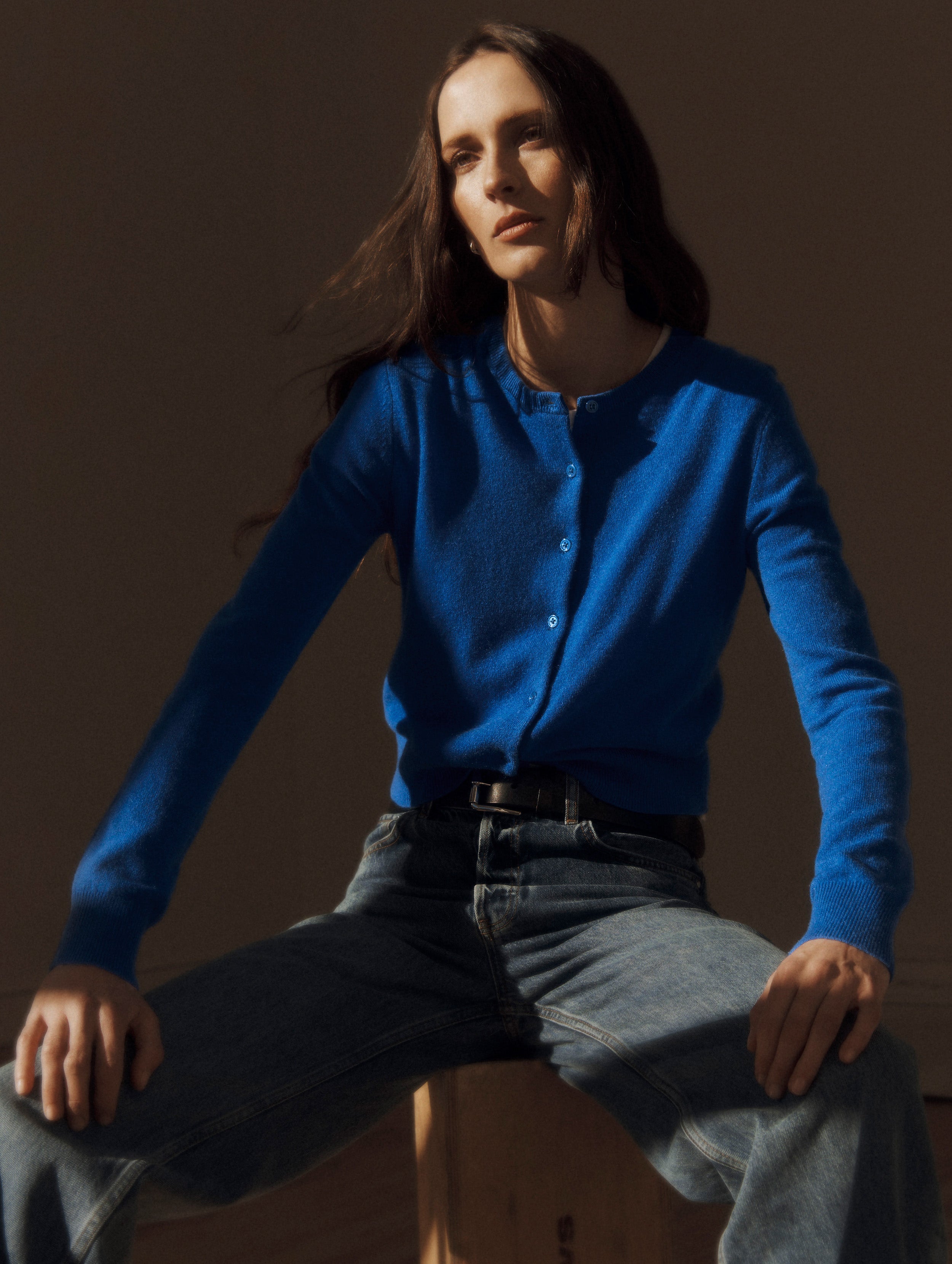 Cashmere Crewneck Cardigan | Cobalt Blue