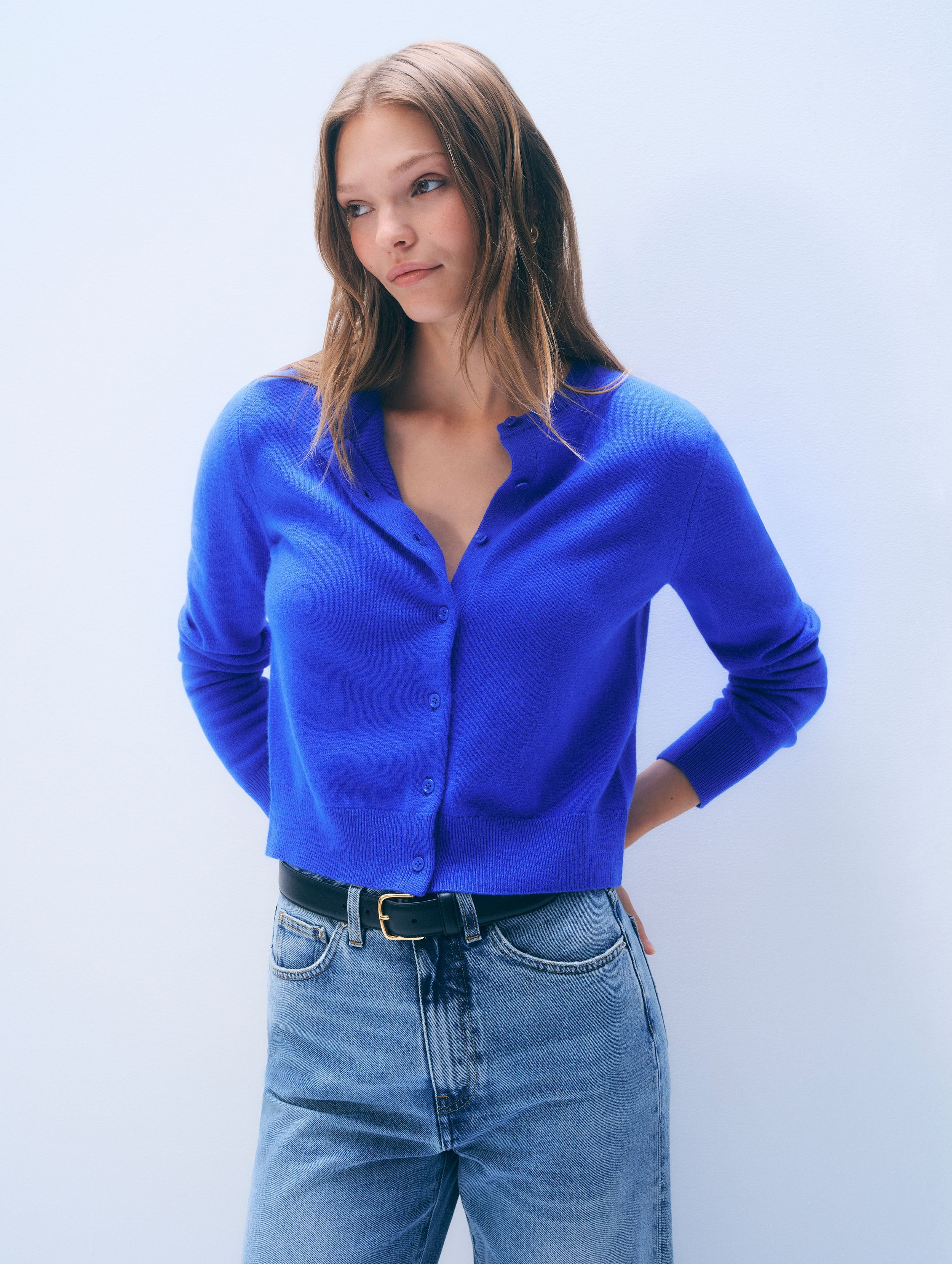 Cashmere Crewneck Cardigan | Cobalt Blue