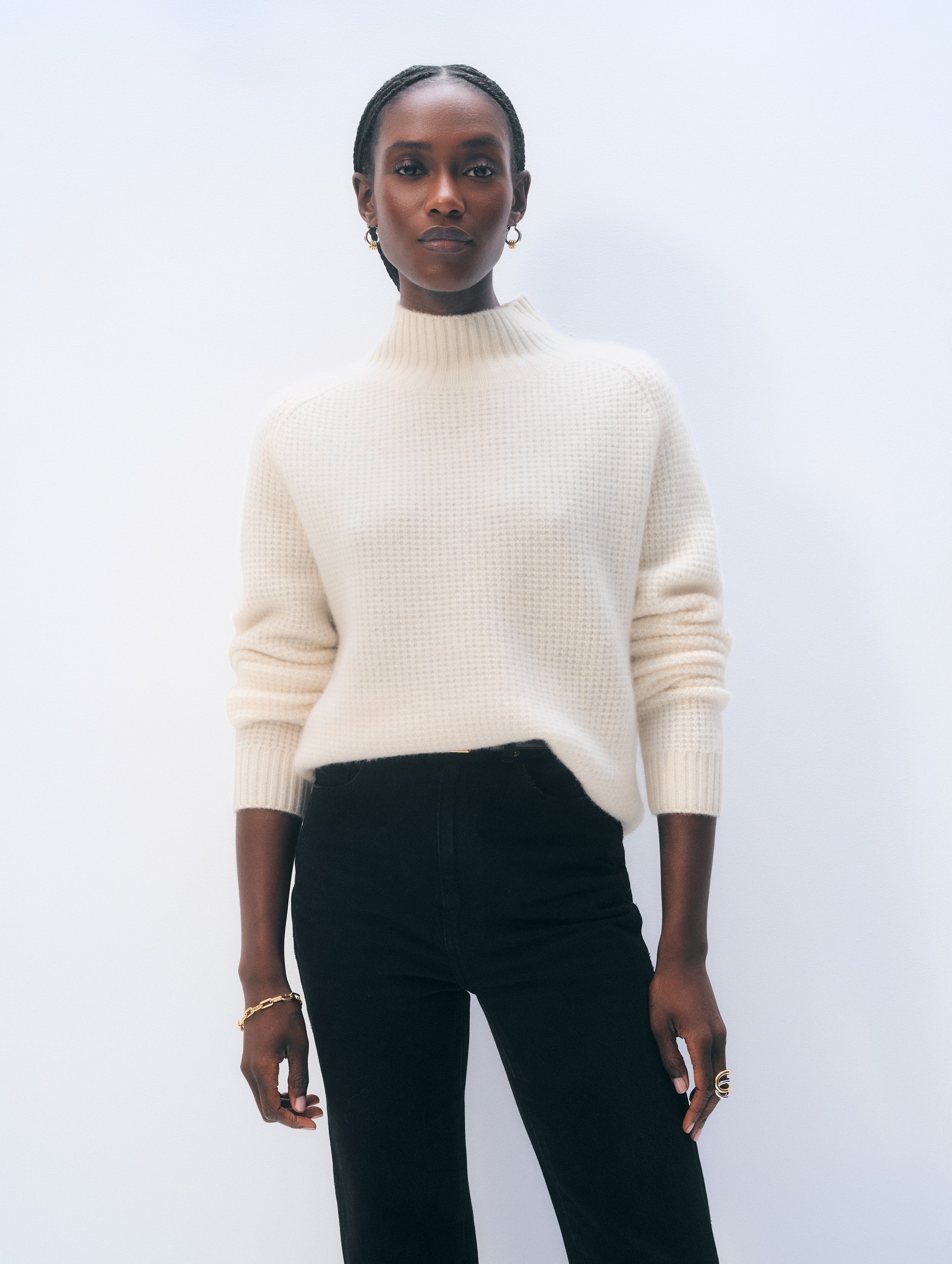 Cashmere Luxe Waffle Standneck | Soft White